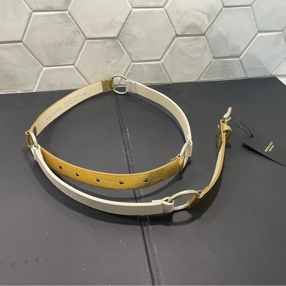 Martina Mori Leather White & Gold D Ring Belt Made In Italy Silver Buckle Chic!